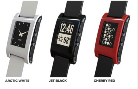 The Kickstarter-funded Pebble smartwatch is currently available. Image from Pebble.