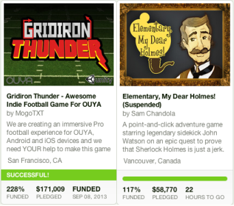 Gridiron Thunder may receive a matching contribution from Ouya, but Elementary, My Dear Holmes! has had its campaign suspended by Kickstarter. Images from Ouya.